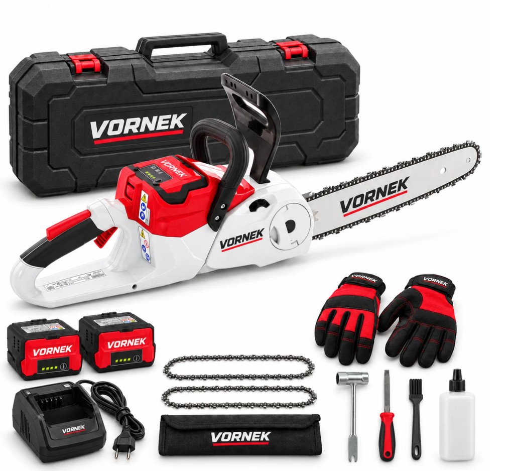Contenuto kit VORNEK: motosega, 2 batterie, caricabatterie, valigetta, catene, guanti e attrezzi