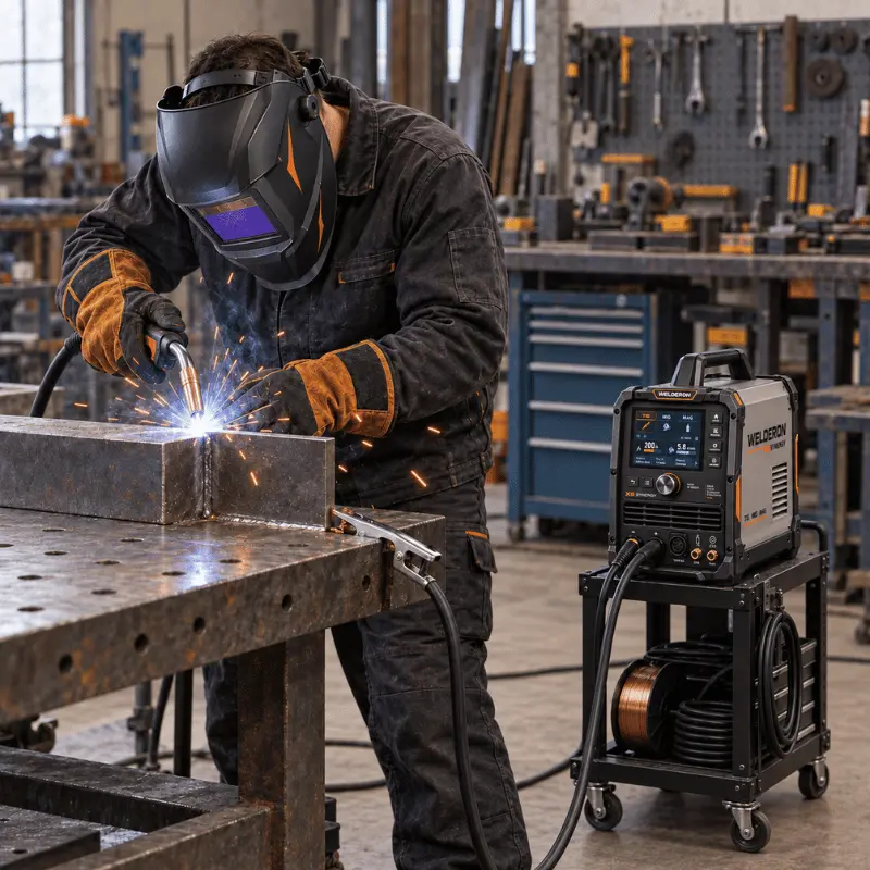 Wyświetlacz LCD Welderon X9 Synergy z ustawionym prądem i prędkością drutu w trybie synergicznym