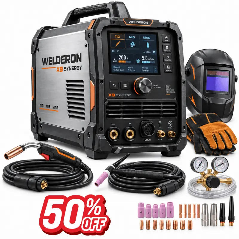 Zawartość Welderon X9 Synergy: spawarka, palnik MIG, uchwyt elektrody, zacisk masy, kabel, szpula flux, zestaw dysz, instrukcja